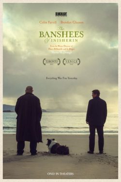 The Banshees of Inisherin poster in which Brendan Glesson, Colin Farrell, and a dog gaze out toward the ocean.