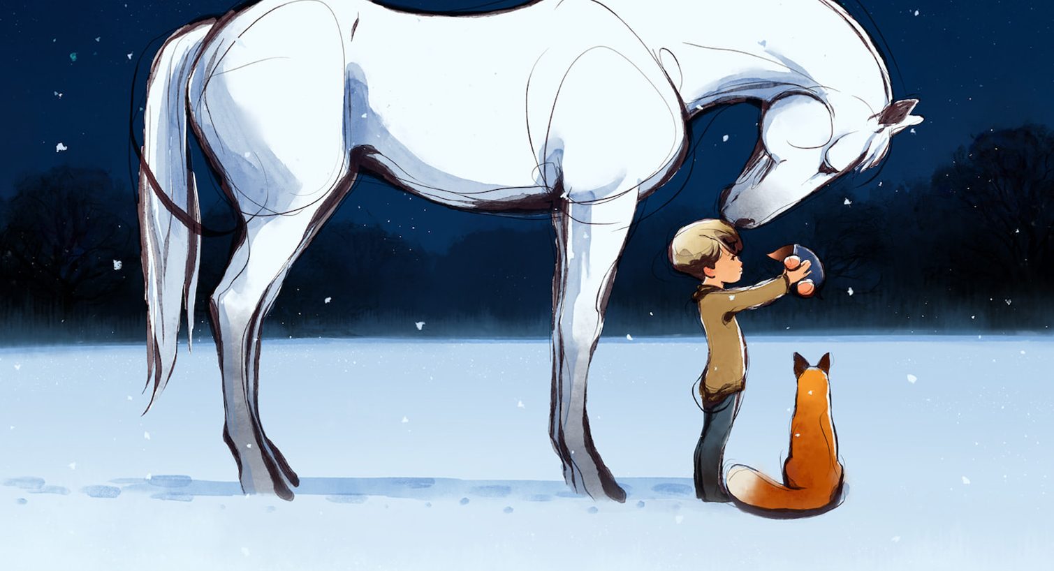 horse, boy and fox stand on snowy ground
